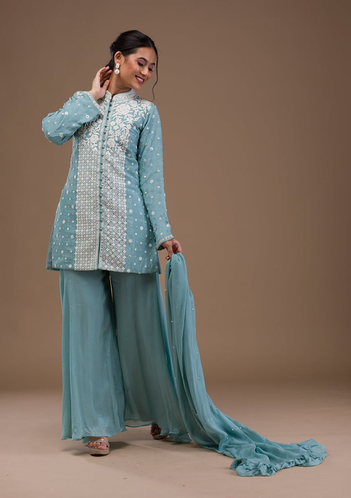 Sky Blue Threadwork Art Silk Readymade Salwar Suit-Koskii