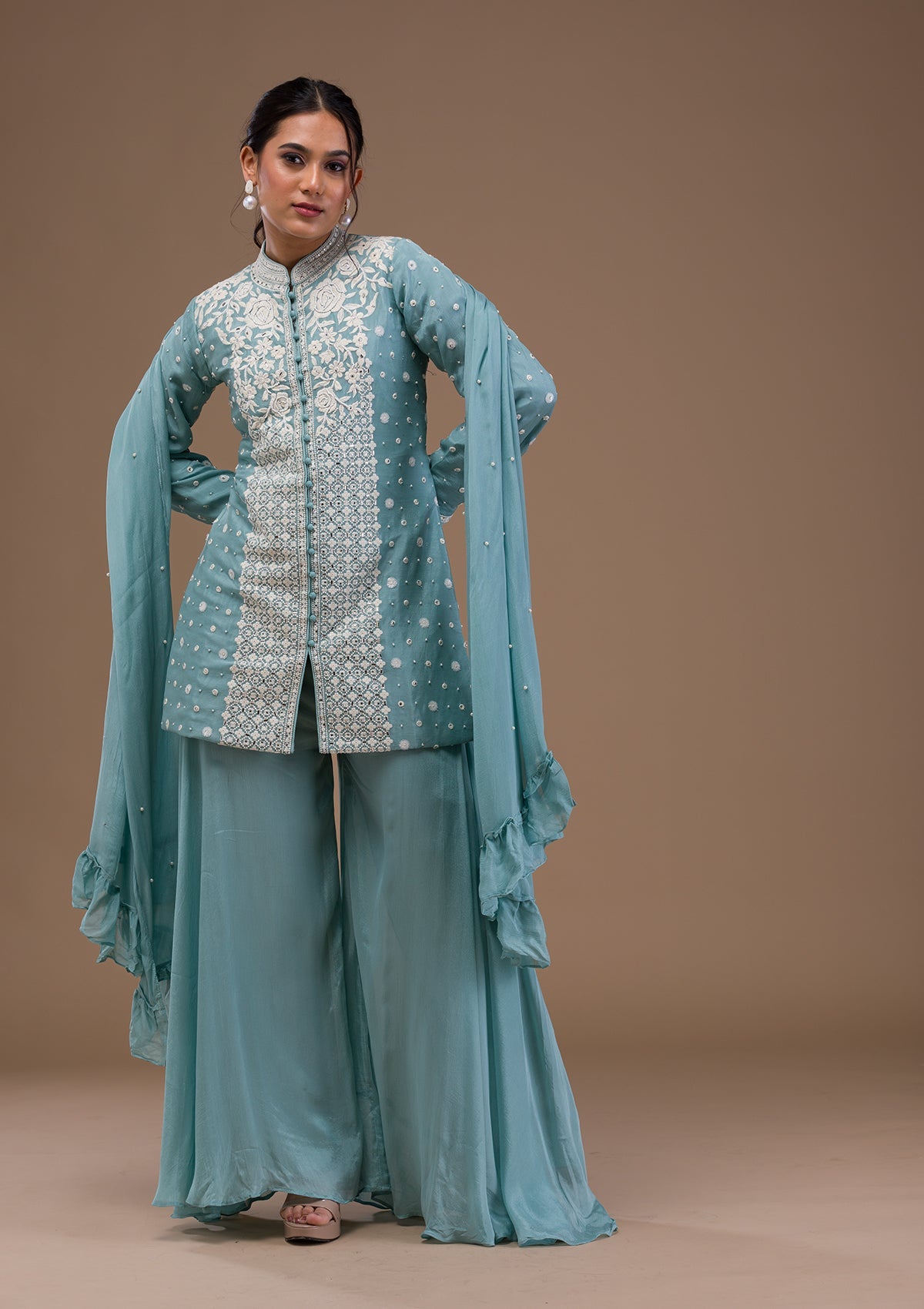 Sky Blue Threadwork Art Silk Readymade Salwar Suit-Koskii