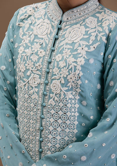 Sky Blue Threadwork Art Silk Readymade Salwar Suit-Koskii