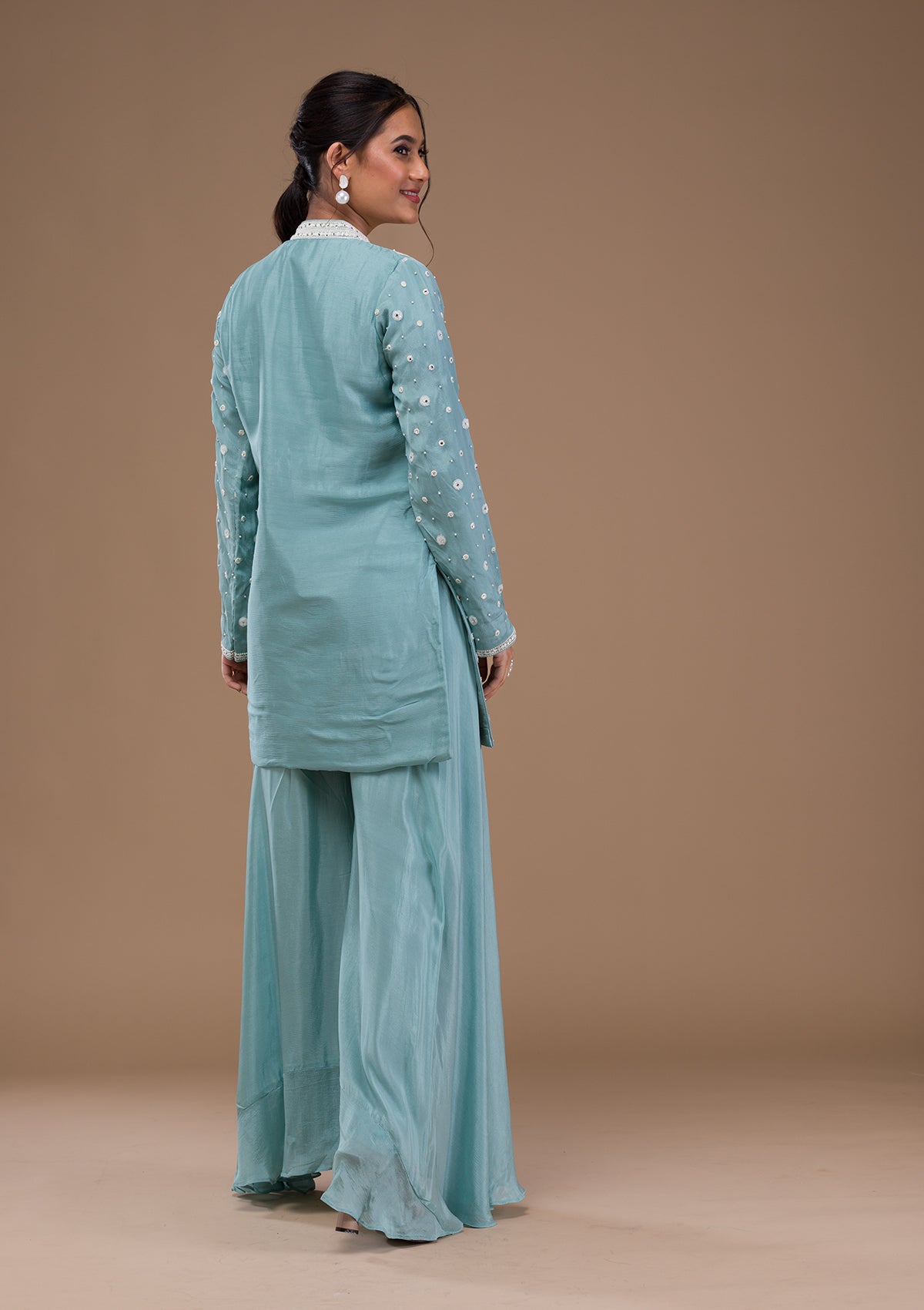 Sky Blue Threadwork Art Silk Readymade Salwar Suit-Koskii