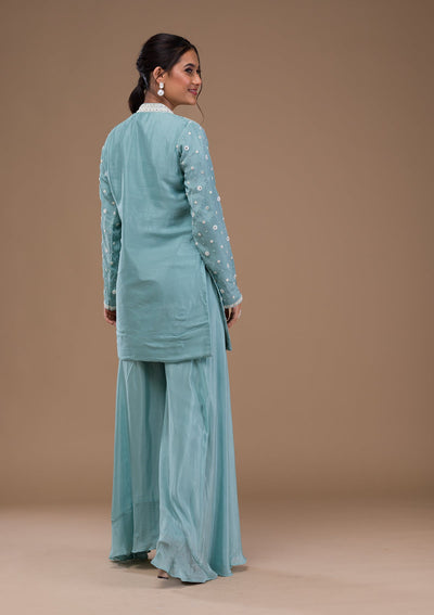 Sky Blue Threadwork Art Silk Readymade Salwar Suit-Koskii