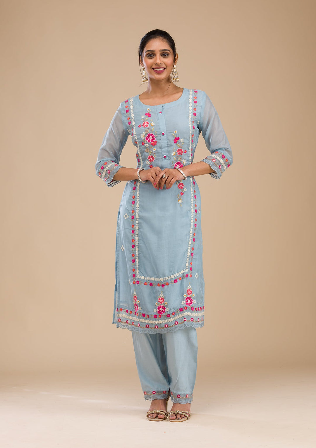 Sky Blue Threadwork Chiffon Readymade Salwar Suit-Koskii