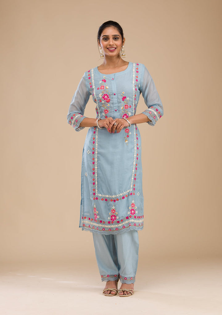 Sky Blue Threadwork Chiffon Readymade Salwar Suit-Koskii