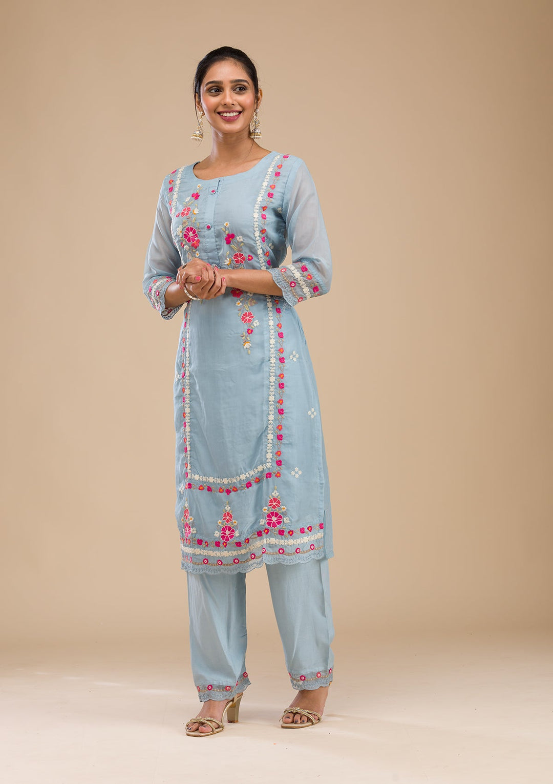 Sky Blue Threadwork Chiffon Readymade Salwar Suit-Koskii