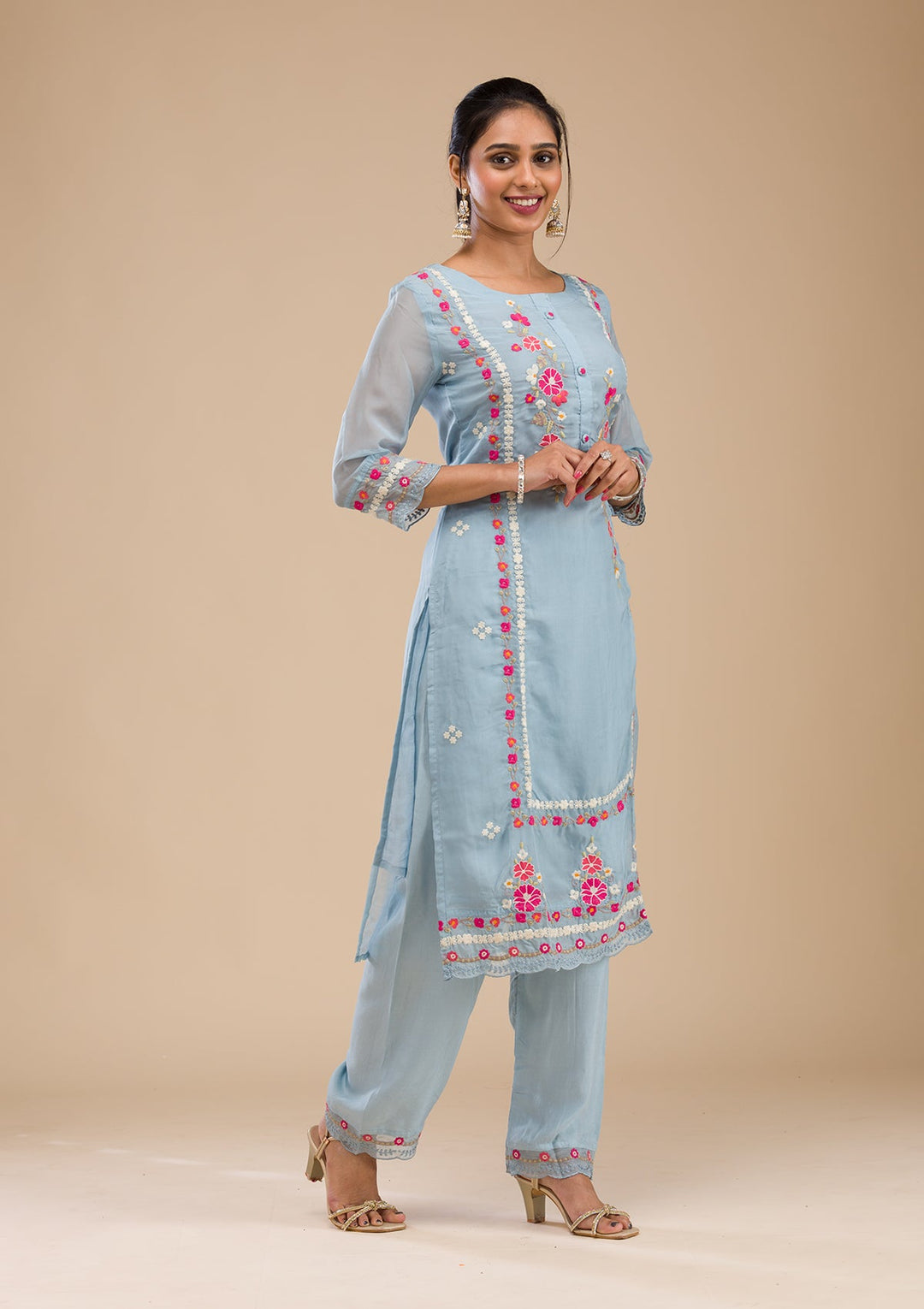 Sky Blue Threadwork Chiffon Readymade Salwar Suit-Koskii
