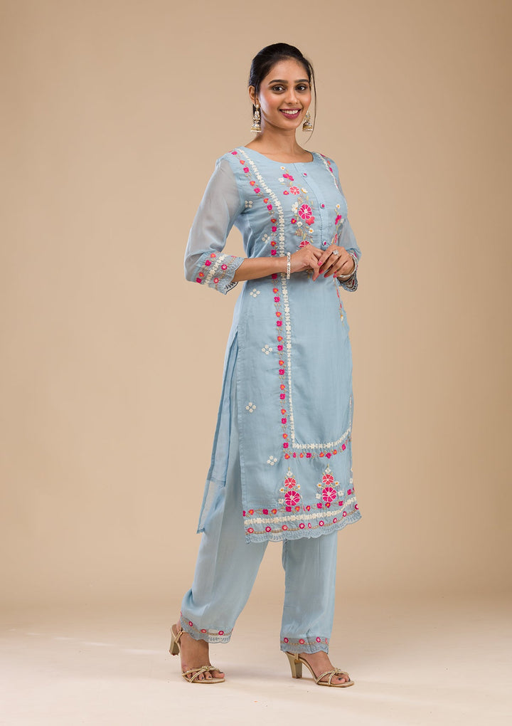 Sky Blue Threadwork Chiffon Readymade Salwar Suit-Koskii