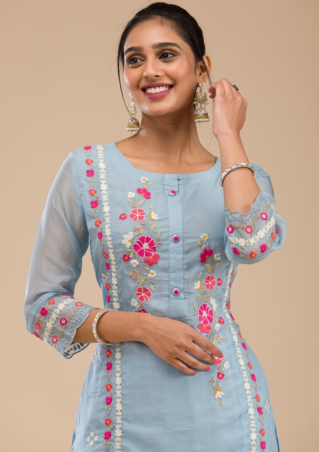 Sky Blue Threadwork Chiffon Readymade Salwar Suit-Koskii