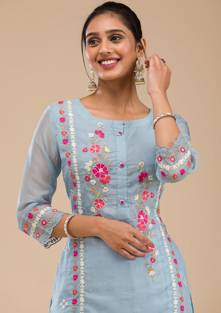 Sky Blue Threadwork Chiffon Readymade Salwar Suit-Koskii