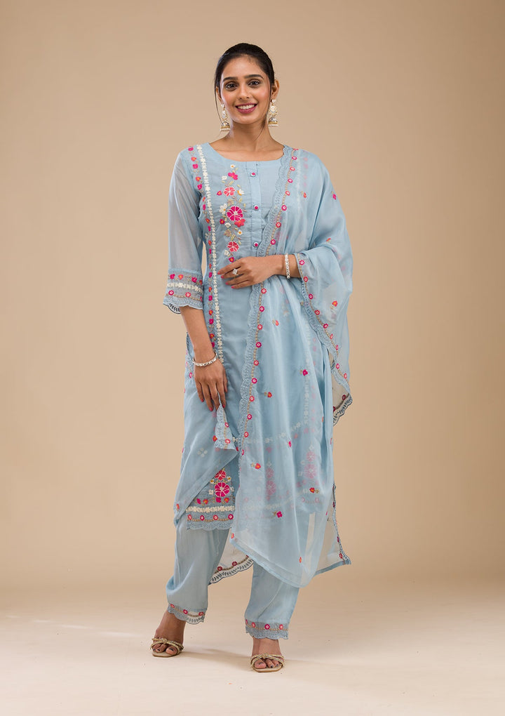 Sky Blue Threadwork Chiffon Readymade Salwar Suit-Koskii