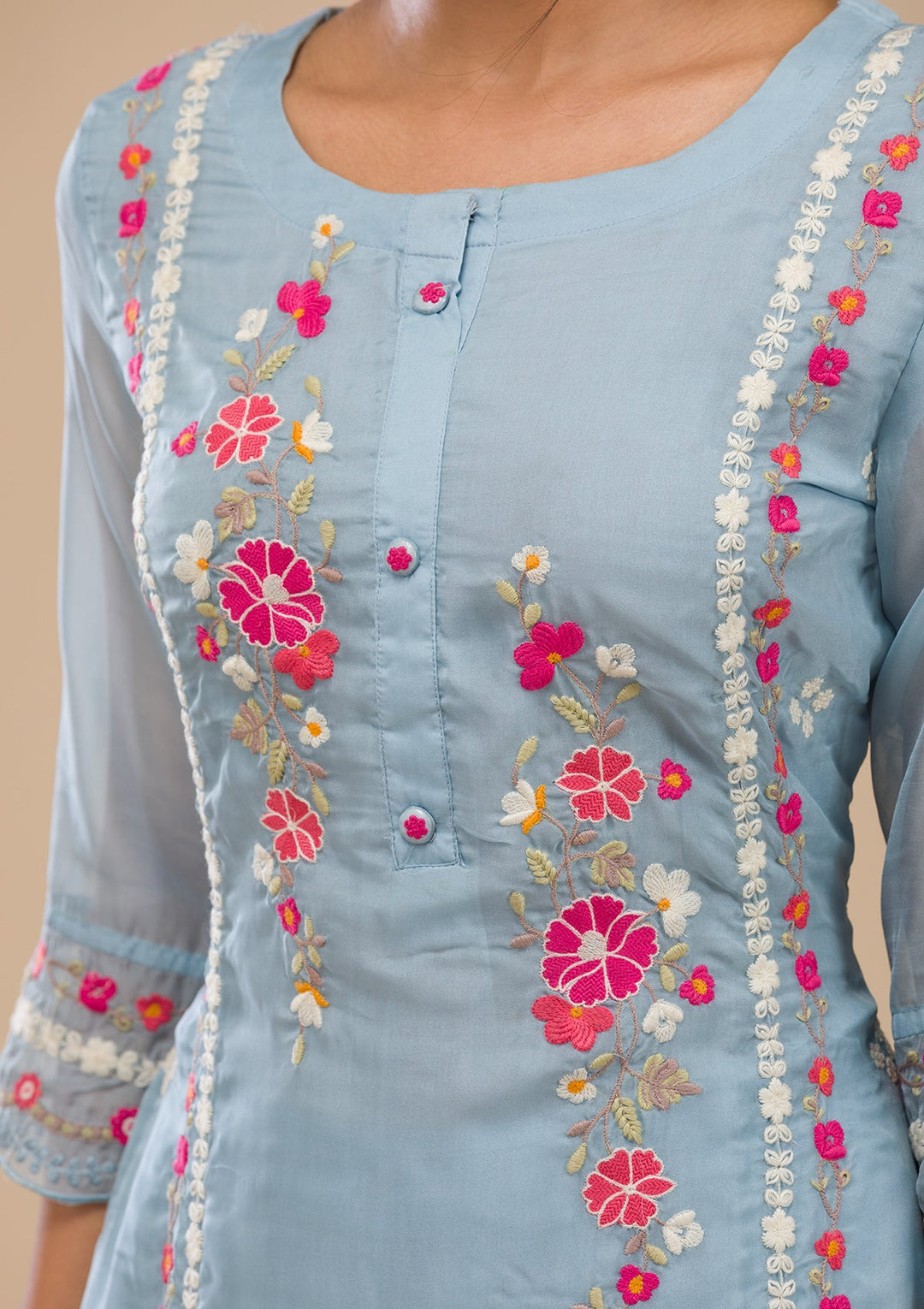 Sky Blue Threadwork Chiffon Readymade Salwar Suit-Koskii