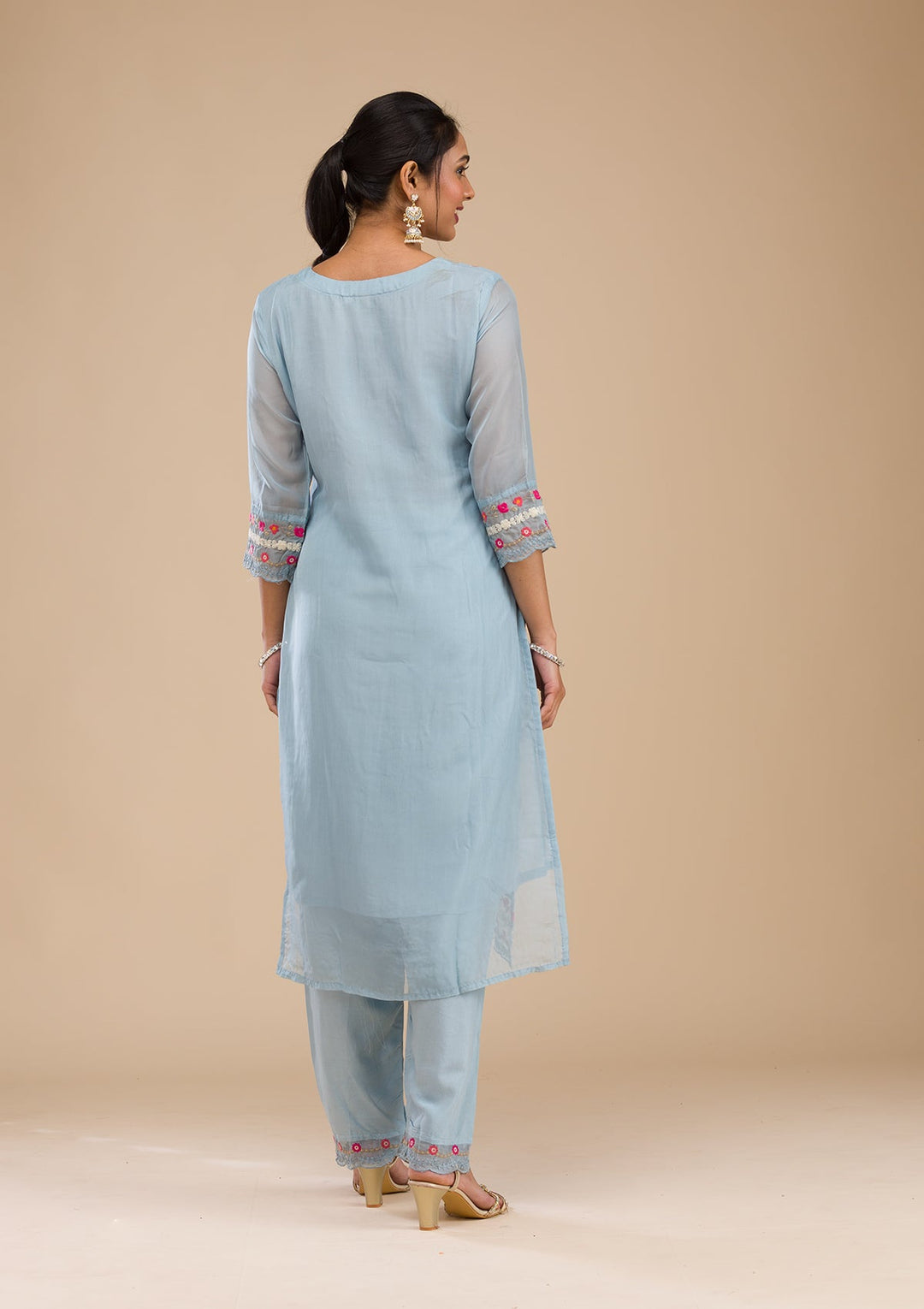 Sky Blue Threadwork Chiffon Readymade Salwar Suit-Koskii