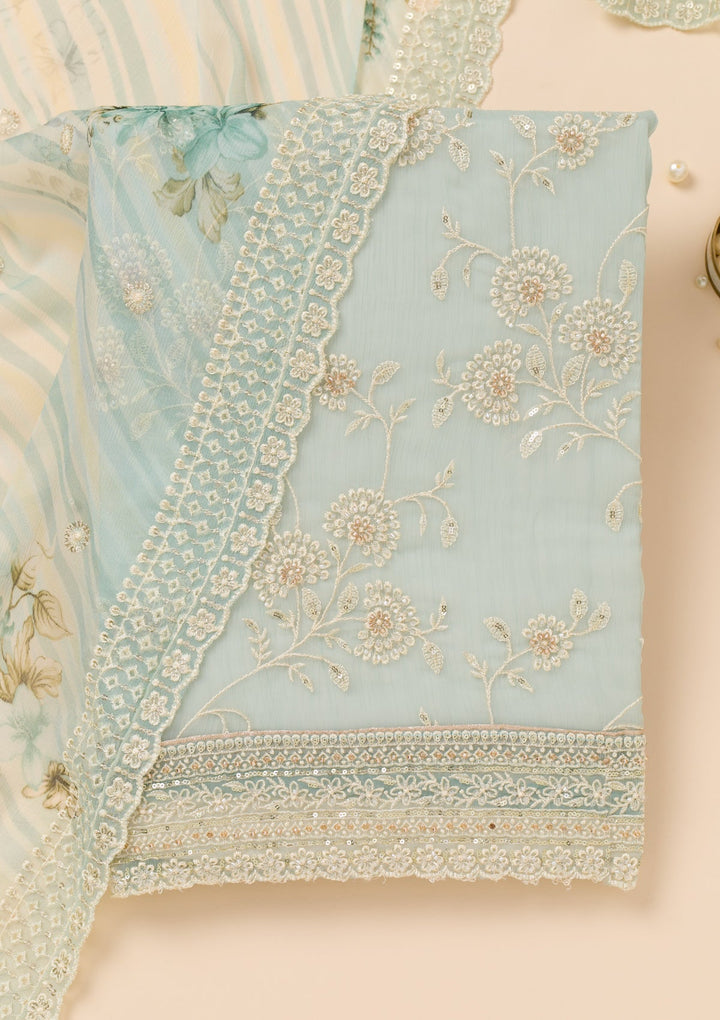 Sky Blue Threadwork Chiffon Unstitched Salwar Suit-Koskii