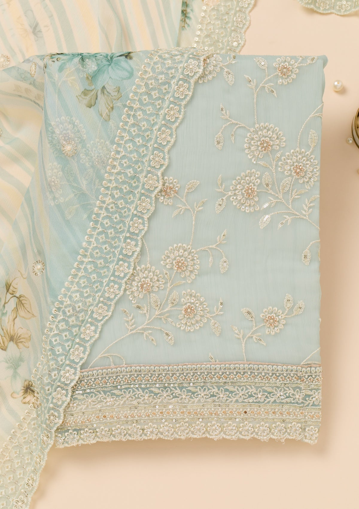 Sky Blue Threadwork Chiffon Unstitched Salwar Suit-Koskii