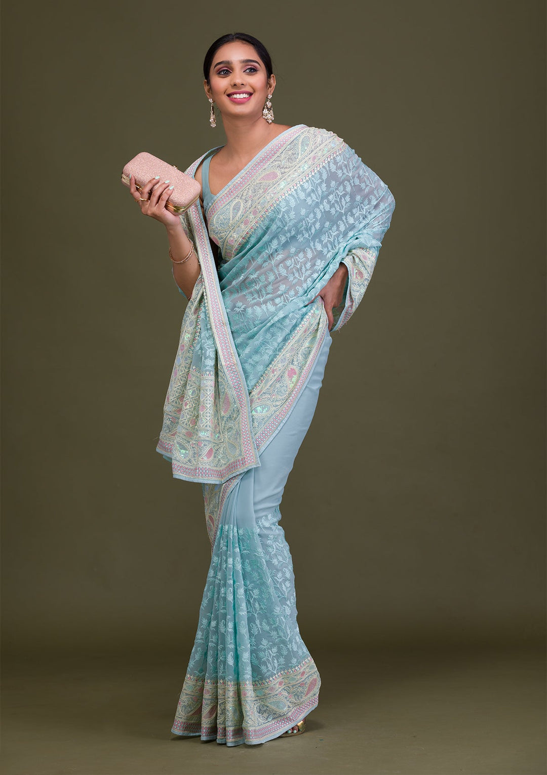 Sky Blue Threadwork Chiffon Saree-Koskii