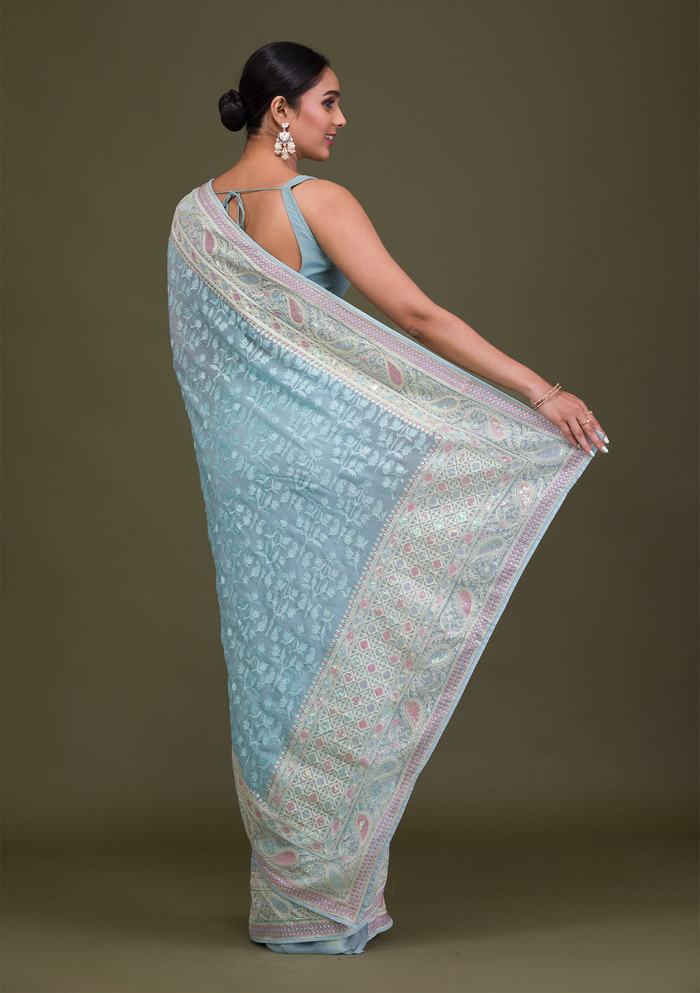 Sky Blue Threadwork Chiffon Saree-Koskii