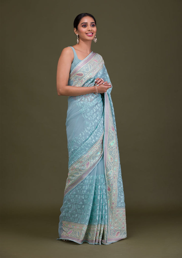 Sky Blue Threadwork Chiffon Saree-Koskii