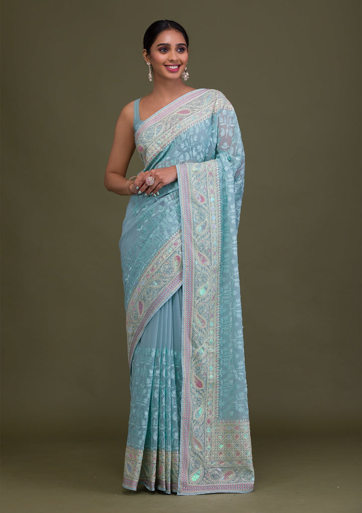 Sky Blue Threadwork Chiffon Saree-Koskii