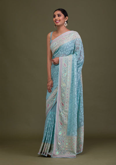 Sky Blue Threadwork Chiffon Saree-Koskii