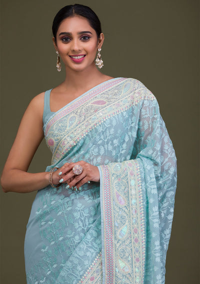 Sky Blue Threadwork Chiffon Saree-Koskii