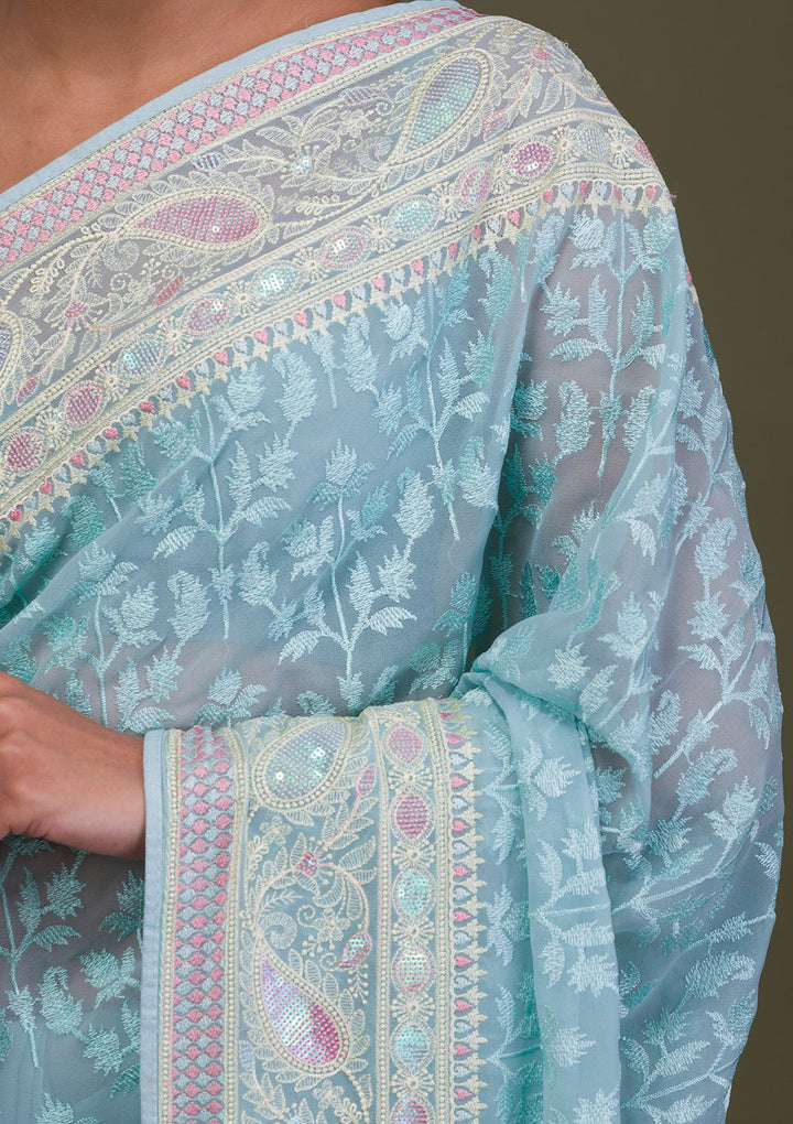 Sky Blue Threadwork Chiffon Saree-Koskii