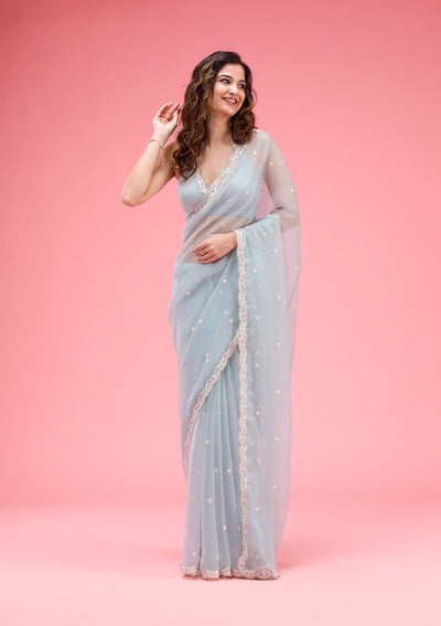 Sky Blue Silver Stonework Tissue Saree-Koskii