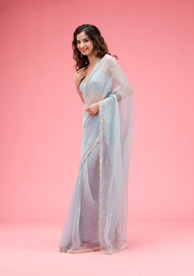 Sky Blue Threadwork Chiffon Saree