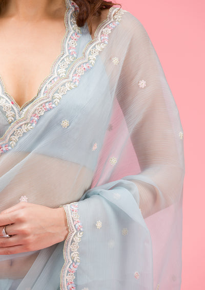 Sky Blue Threadwork Chiffon Saree