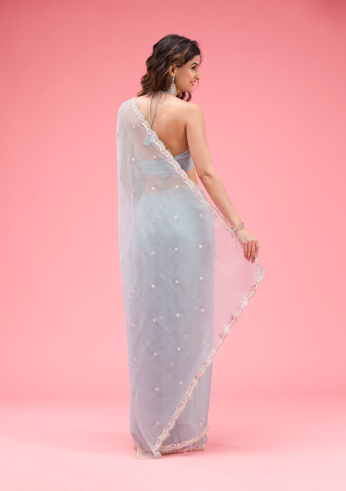 Sky Blue Threadwork Chiffon Saree