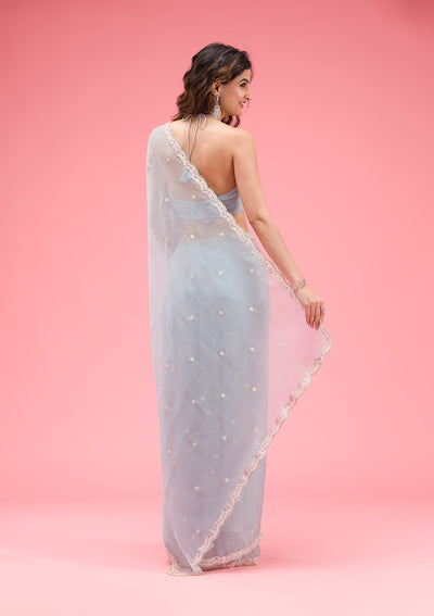 Sky Blue Threadwork Chiffon Saree