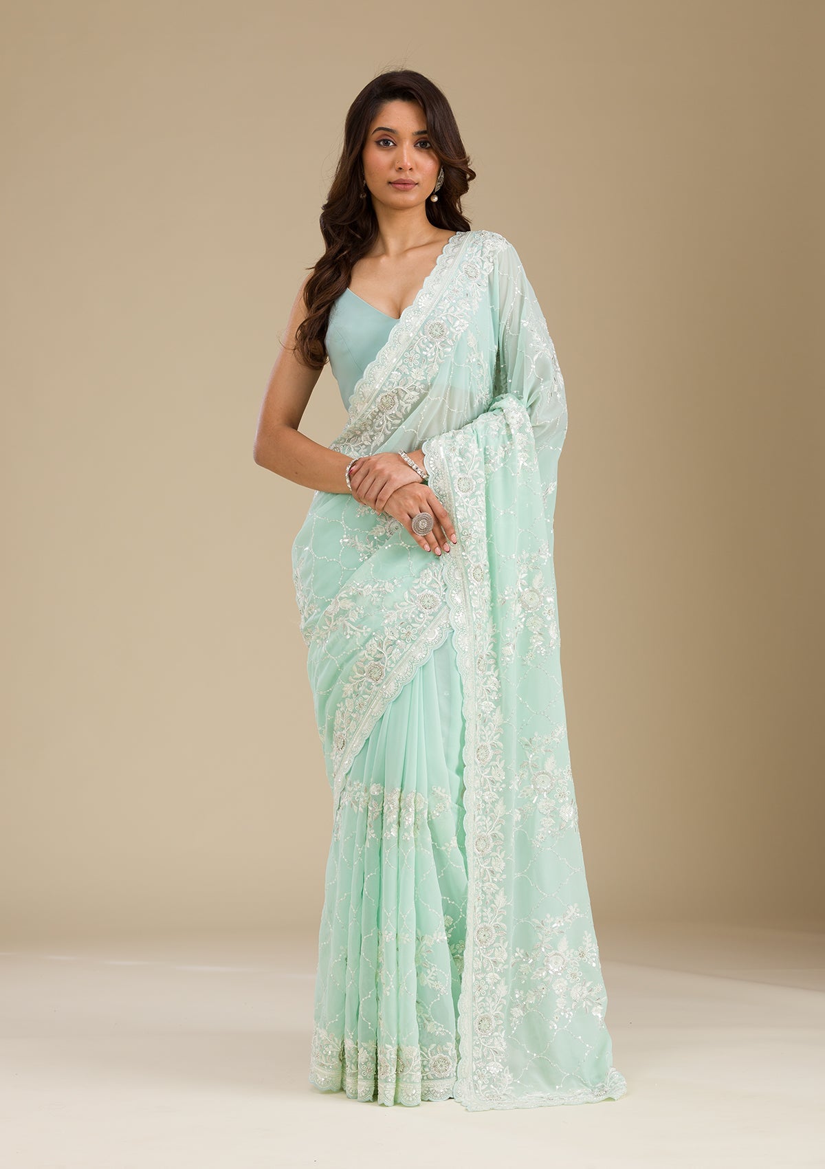 Sky Blue Threadwork Chiffon Saree-Koskii