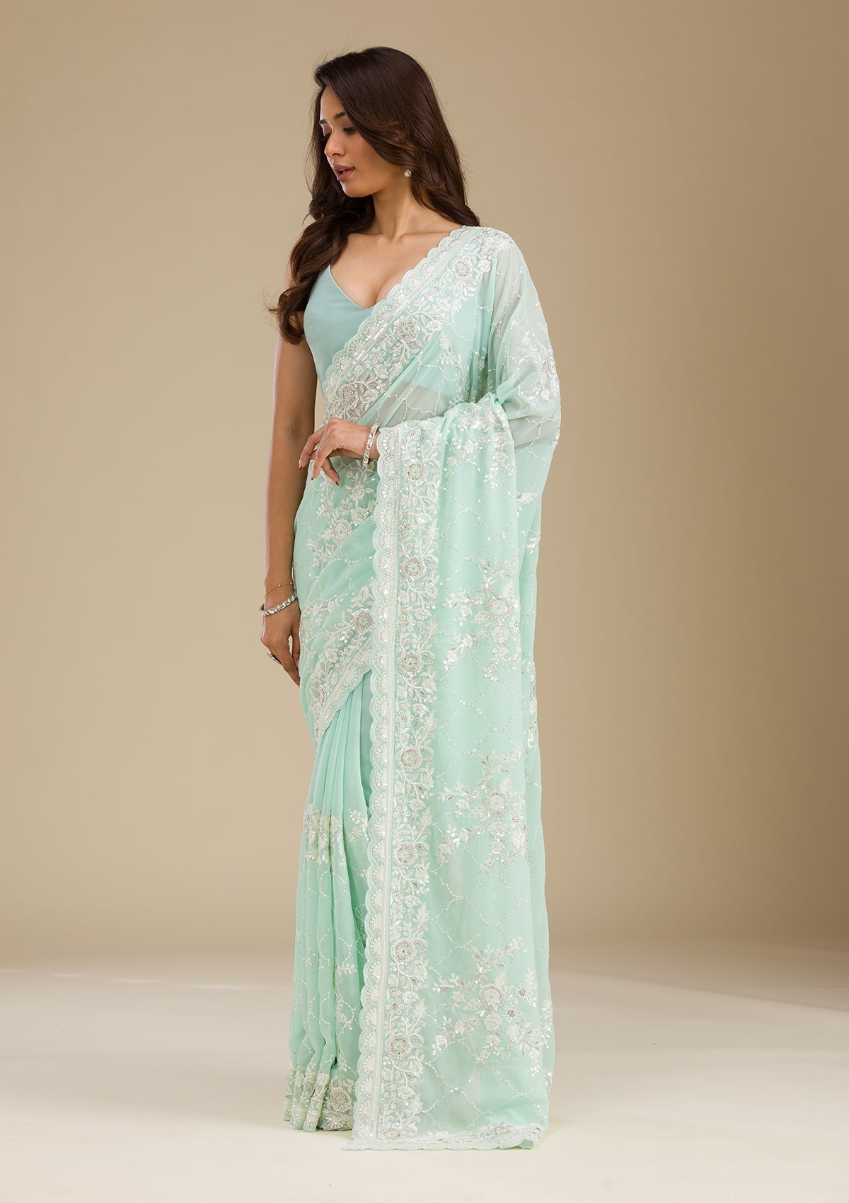 Sky Blue Threadwork Chiffon Saree-Koskii