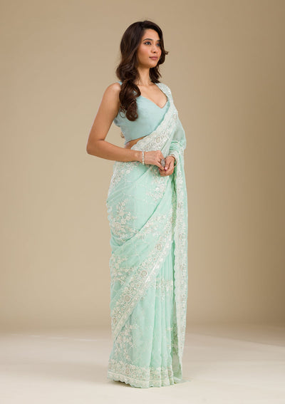 Sky Blue Threadwork Chiffon Saree-Koskii