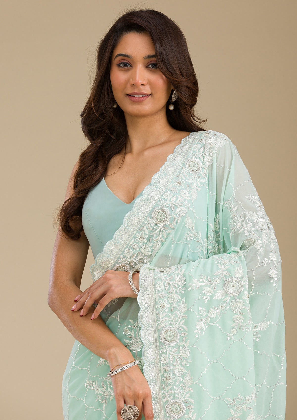 Sky Blue Threadwork Chiffon Saree-Koskii