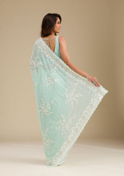 Sky Blue Threadwork Chiffon Saree-Koskii