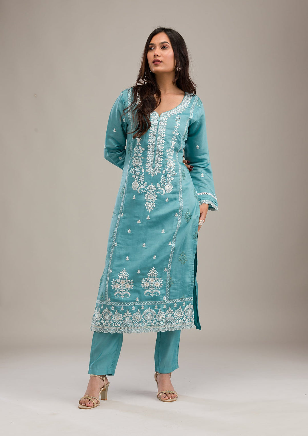 Sky Blue Threadwork Cotton Readymade Salwar Suit-Koskii