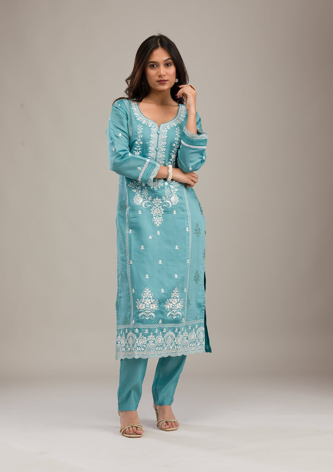 Sky Blue Threadwork Cotton Readymade Salwar Suit-Koskii