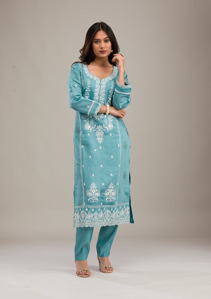 Sky Blue Threadwork Cotton Readymade Salwar Suit-Koskii