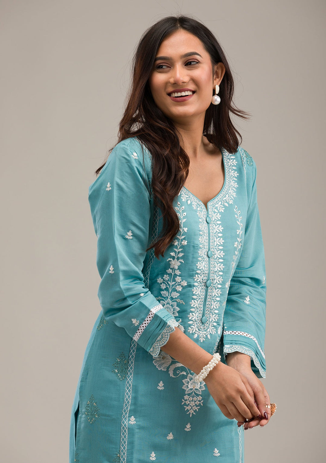 Sky Blue Threadwork Cotton Readymade Salwar Suit-Koskii