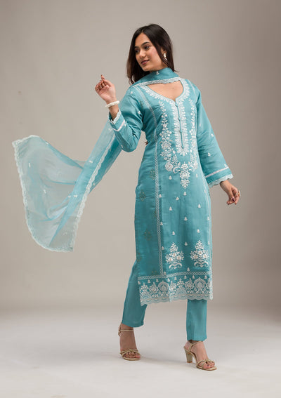 Sky Blue Threadwork Cotton Readymade Salwar Suit-Koskii