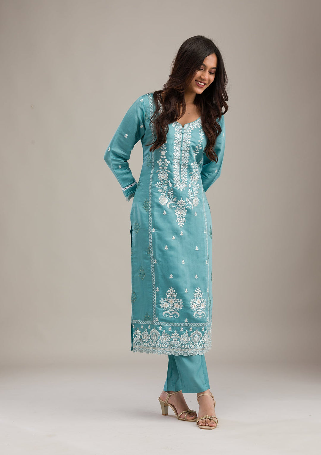 Sky Blue Threadwork Cotton Readymade Salwar Suit-Koskii