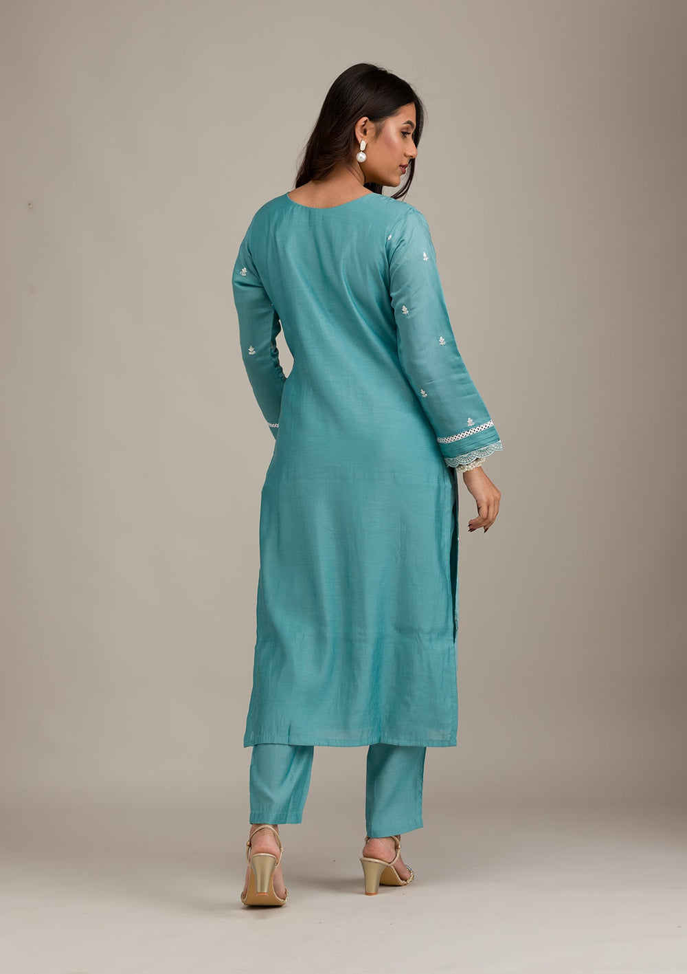 Sky Blue Threadwork Cotton Readymade Salwar Suit-Koskii