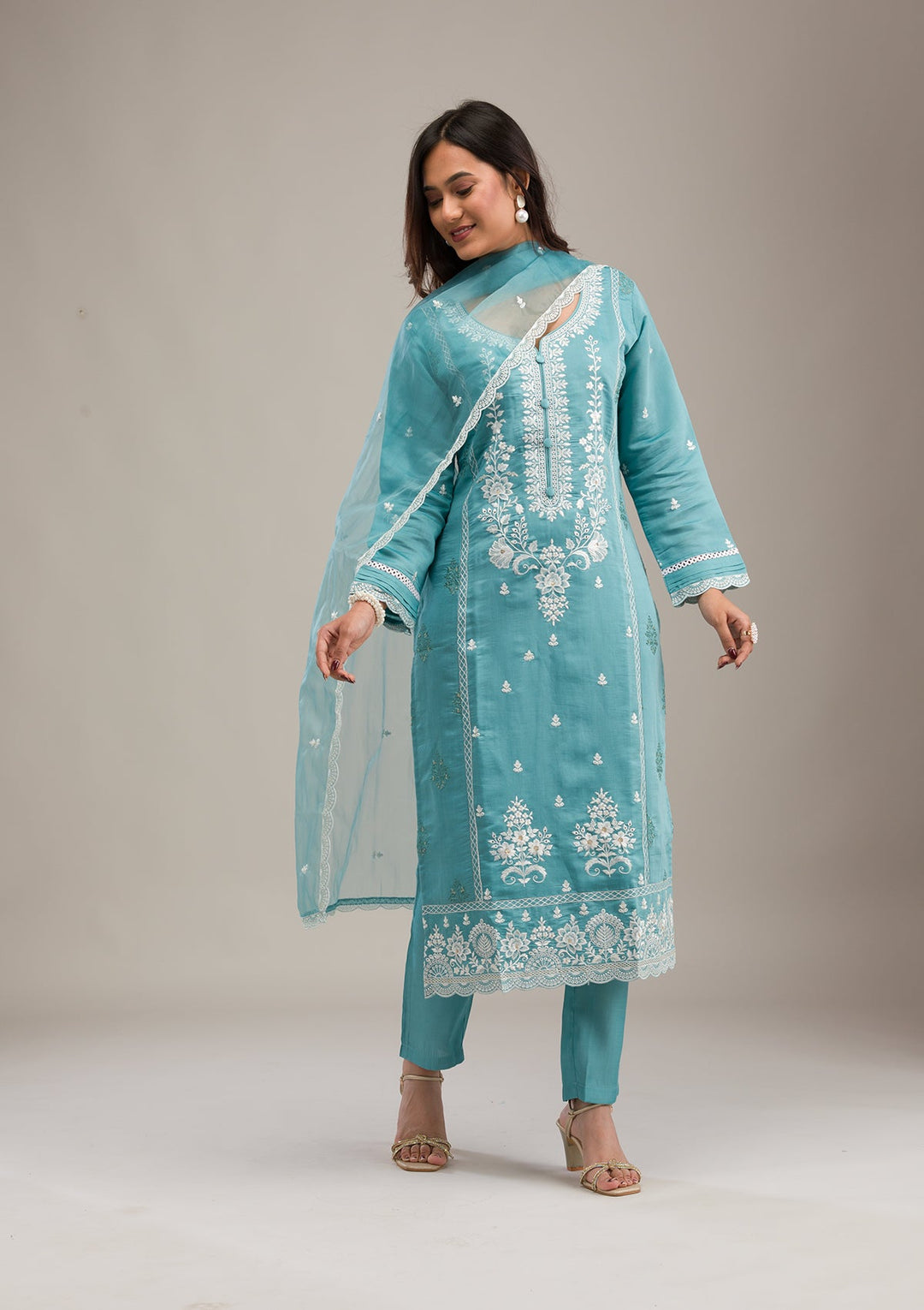 Sky Blue Threadwork Cotton Readymade Salwar Suit-Koskii