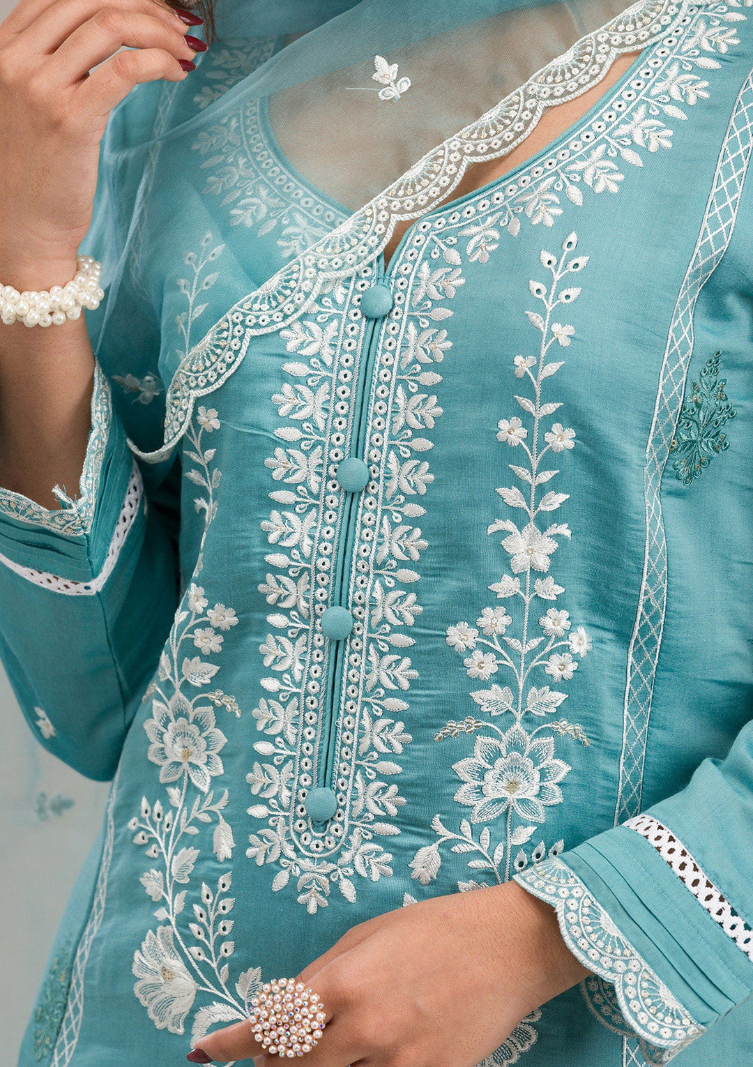 Sky Blue Threadwork Cotton Readymade Salwar Suit-Koskii