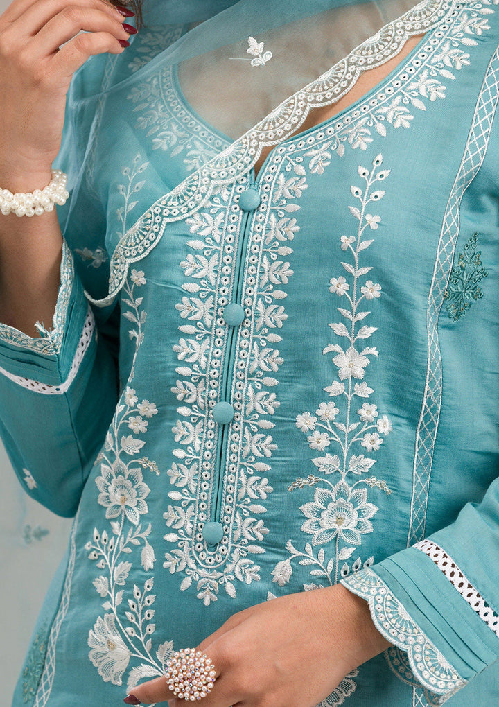 Sky Blue Threadwork Cotton Readymade Salwar Suit-Koskii