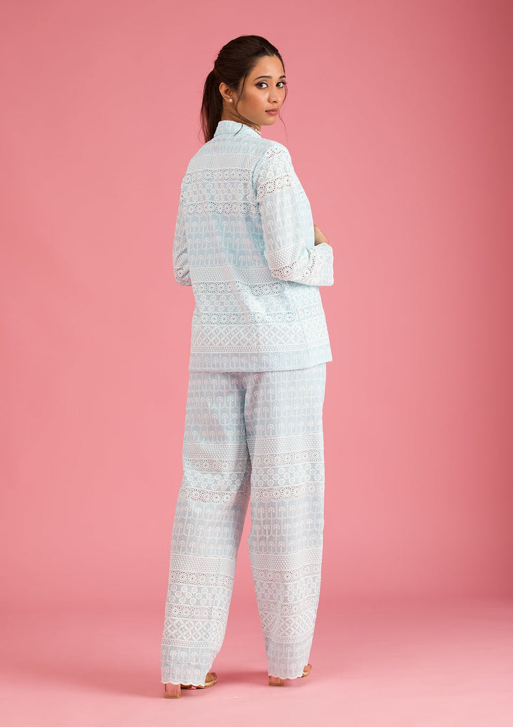 Sky Blue Threadwork Cotton Readymade Salwar Suit-Koskii