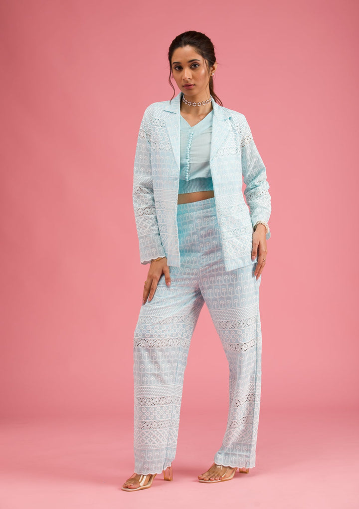 Sky Blue Threadwork Cotton Readymade Salwar Suit-Koskii