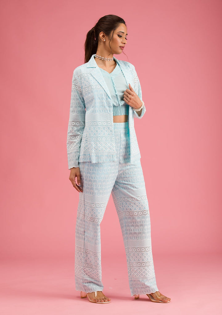 Sky Blue Threadwork Cotton Readymade Salwar Suit-Koskii