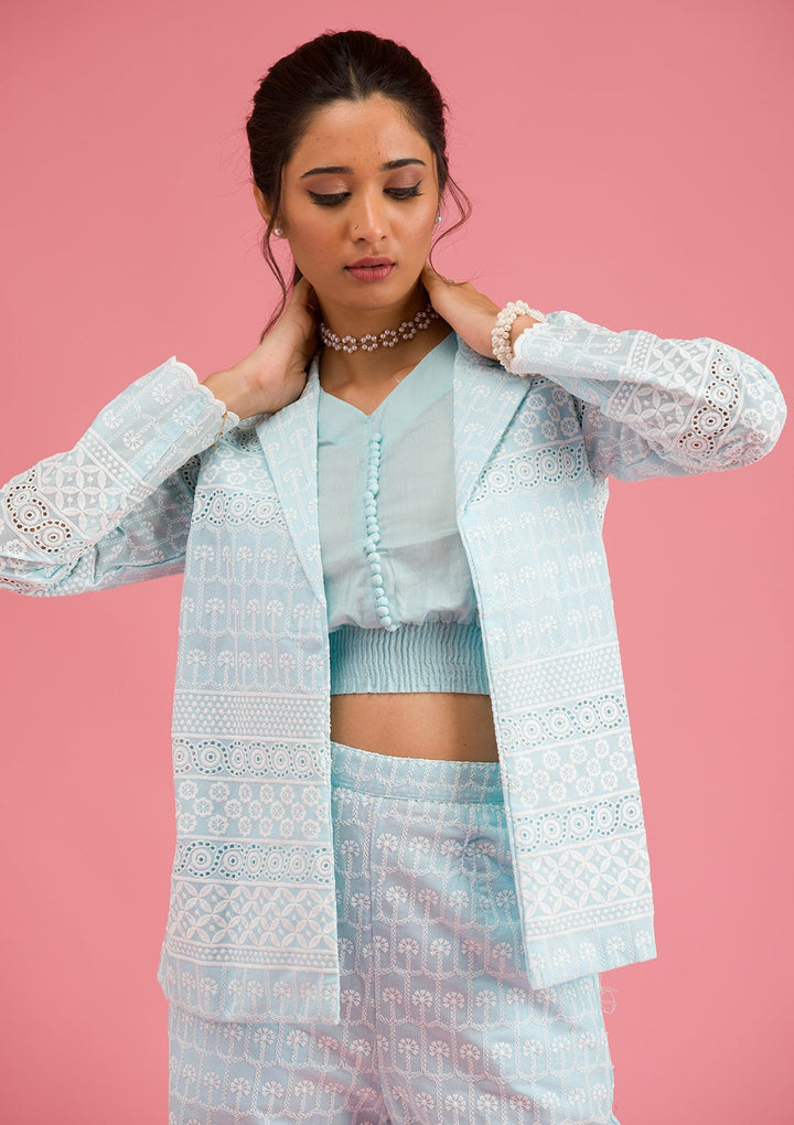 Sky Blue Threadwork Cotton Readymade Salwar Suit-Koskii