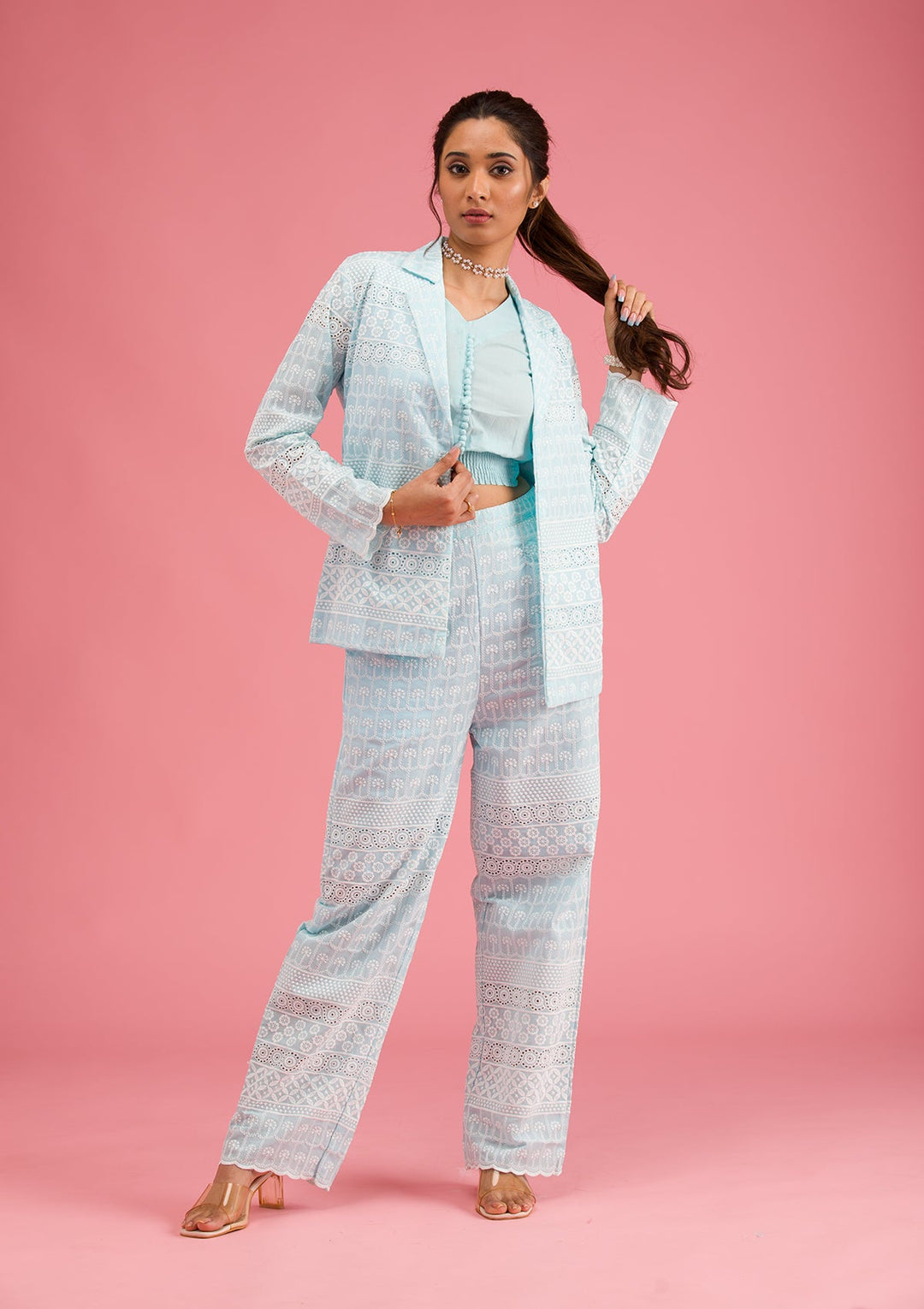 Sky Blue Threadwork Cotton Readymade Salwar Suit-Koskii