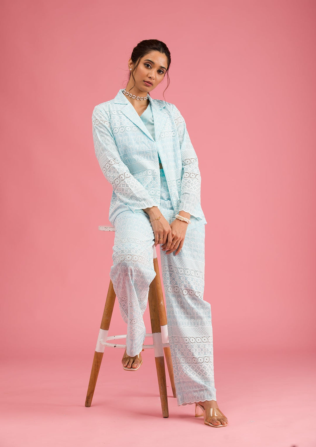 Sky Blue Threadwork Cotton Readymade Salwar Suit-Koskii